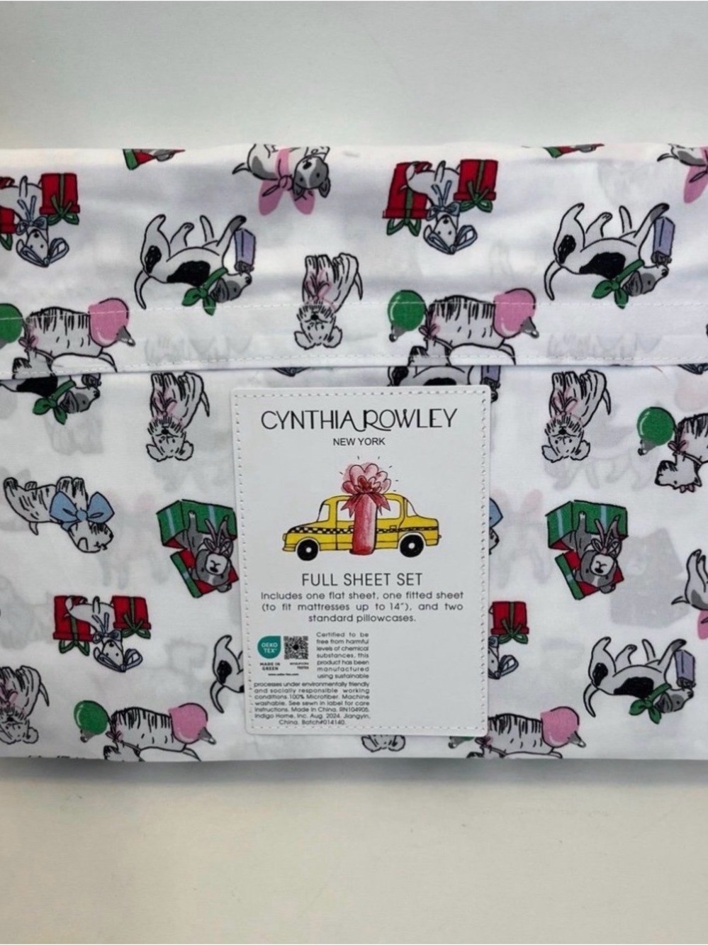 Cynthia Rowley Puppy Cheer Full Size Sheet Set Presents Bows Ornaments Gifts - Picture 8 of 11